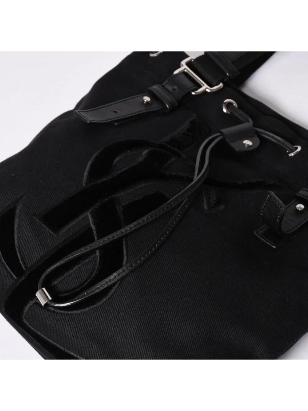 Saint Laurent Kahala Handbag Canvas Leather Black Logo Embroidery